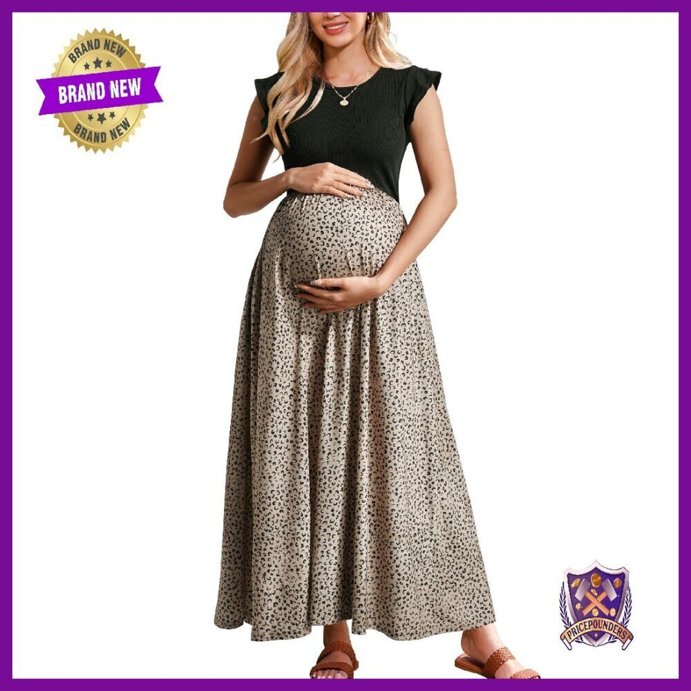 Maternity Maxi Dress with Pockets Ruffle Sleeve Summer Flowy
